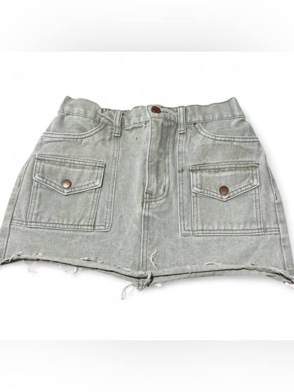 Sincerely Jules Light Gray Denim Mini Skirt Front Flap Pockets Sz 3 Raw Hem